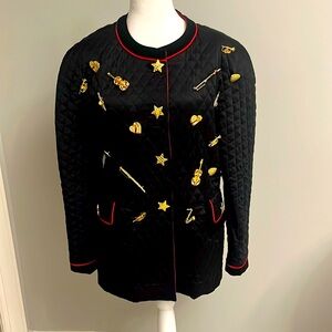 ESCADA VINTAGE 1990 black quilted silk jacket. W/musical instruments pins